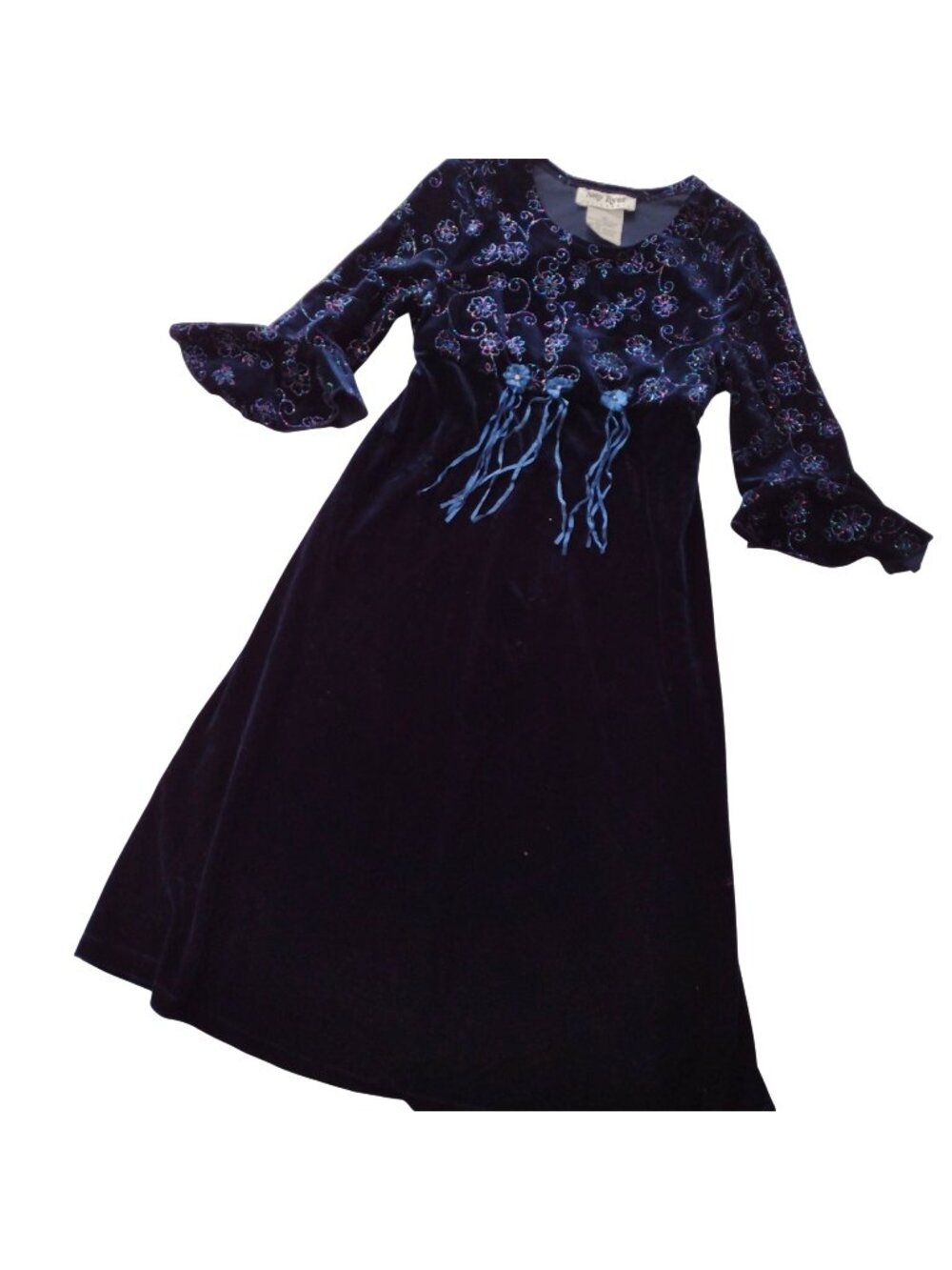 Vtg 90s Girls Long Velvet Dress 6 Whimsygoth Navy Formal w Glitter Flowers